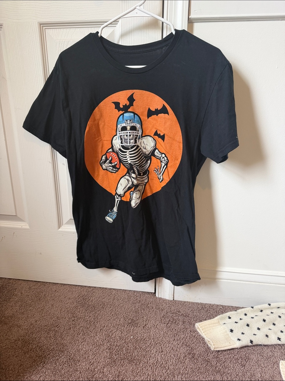 Black Halloween Skeleton Football Graphic Tee